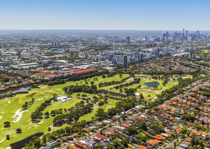 Aerial view of The Australian Golf Club looking out towards the CBD, Eastlakes