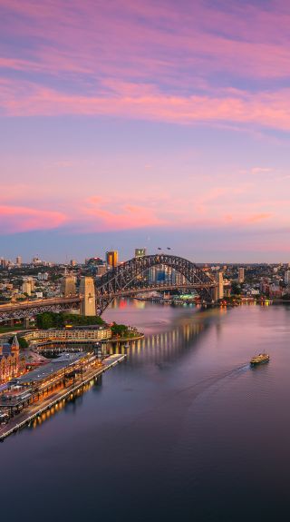 Sun rising over Sydney Harbour and Circular Quay, Sydney